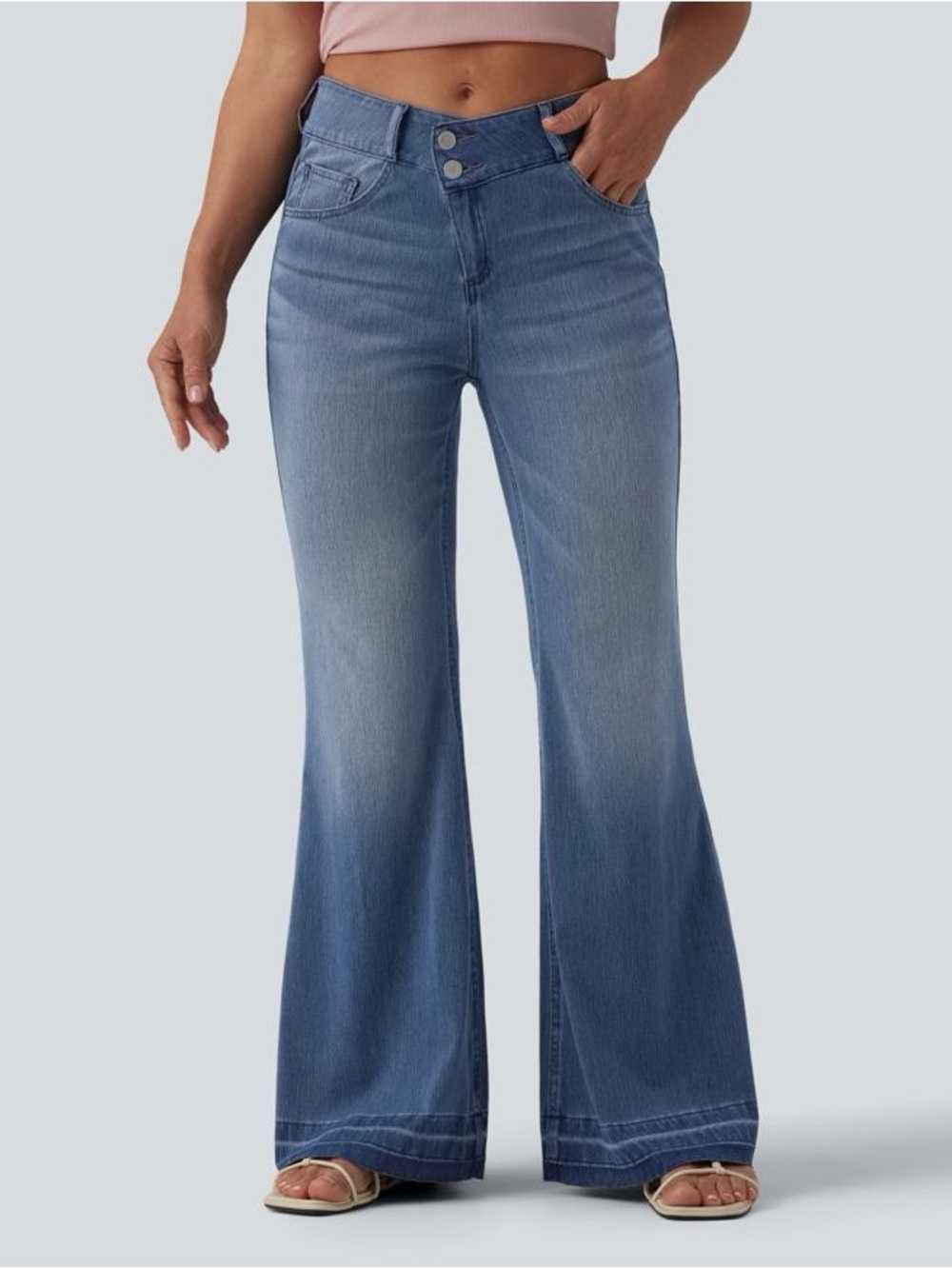 Halara flex asymmetrical mid-rise casual flare jeans with pockets - Picture 3 of 5